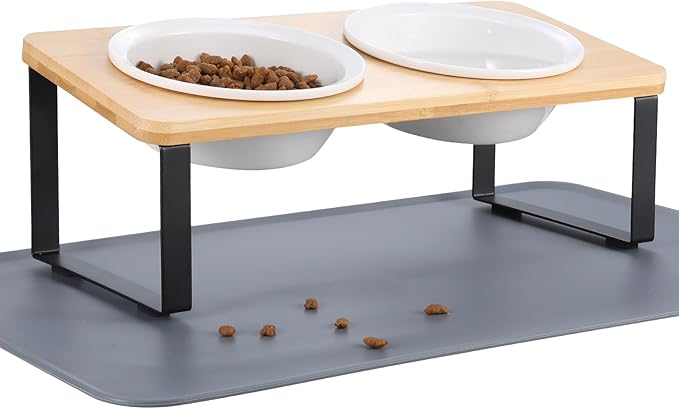 Elevated Whisker Friendly Cat Bowls, 15 Tilted Stand Anti Vomiting Raised Dishes for Food and Water, Ceramic Bowls for Cats and Puppy,Bamboo