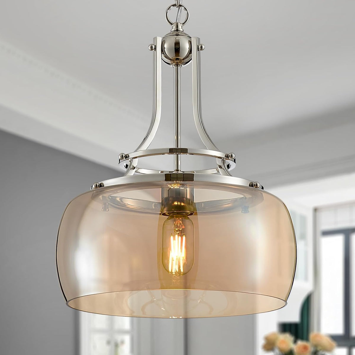 WUZUPS Nickel Chandelier Rustic Farmhouse Industrial Round Ceiling Pendant LED Light Fixture with Amber Glass Shade for Dining Room Kitchen Island Foyer Entryway, H 17" W 13.4", E26 Base