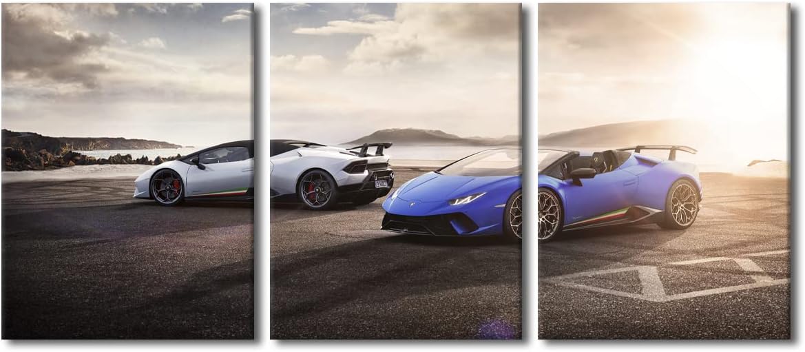 Super Car at Sunset Wall Art for Bedroom Sports Car Canvas Art Wall Decor White and Blue Cars Modern Wall Art Pictures for Living Room Hypercar Artwork Paintings Giclee Framed Ready to Hang 36"Wx16"H