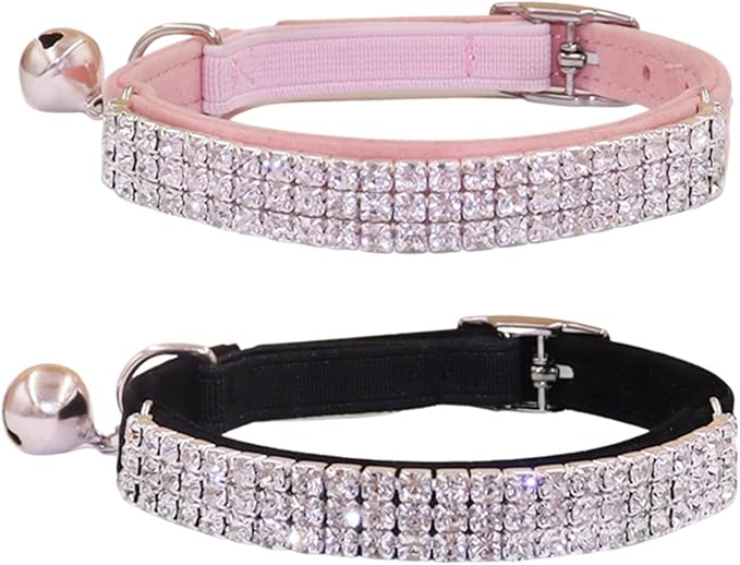 THAIN Rhinestones Cat Dog Collar Soft Velvet Safe Adjustable Collar Bling Diamante with Bells, 8-11 inch for Small Dogs and Cats (Pink+Black)