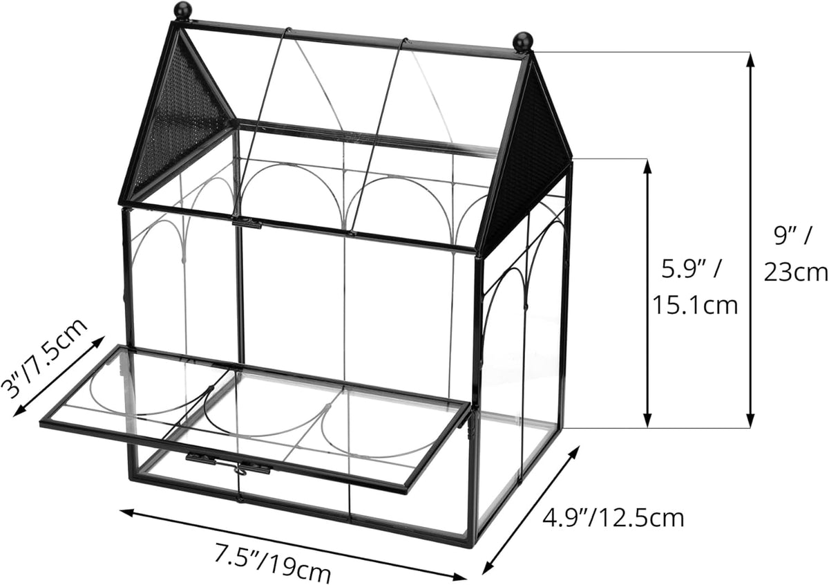 NCYP Glass Enclosure with Vent Holes for Insect, Jumping Spiders, Snails - 7.5" x 4.9" x 9" Small Closed Front Opening Door Succulent Terrarium - House Shape Habitat, Home Decor Black (No Plants)