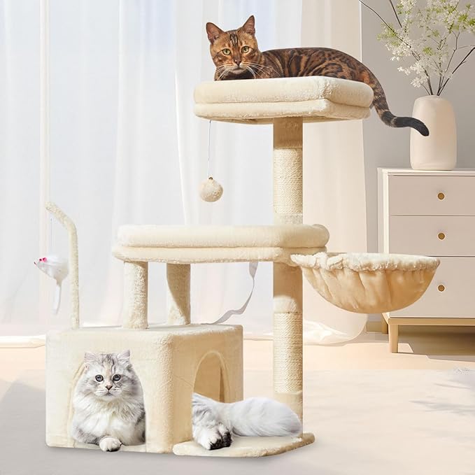 Taoqimiao MS043M Cat Tree, 32.2-Inch Cat Tower for Indoors Cats, Cat Condo with Large Cat Perch, Spacious Cat Cave, Scratching Posts for Small and Medium Cats, Beige