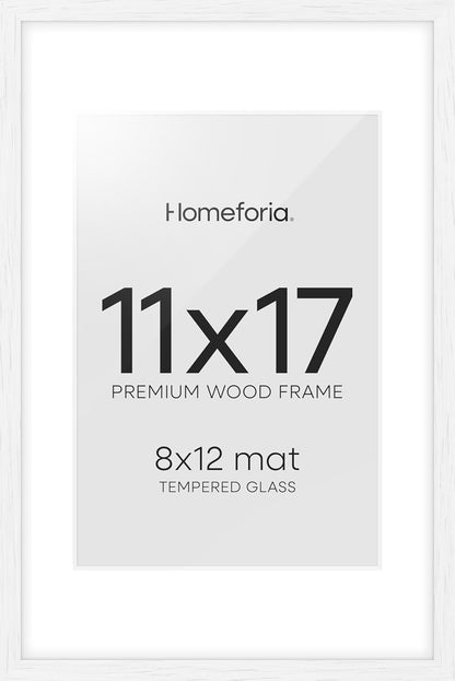 Homeforia 11x17 White Wood Frame, High End Oak 17 x 11 White Wooden Picture Frames with Mat 8 by 12, 11x17 Poster Frame Matted to 8x12 inch Photo, 17x11 Thin Frames, Tempered Glass, Wall Kit, Set of 1