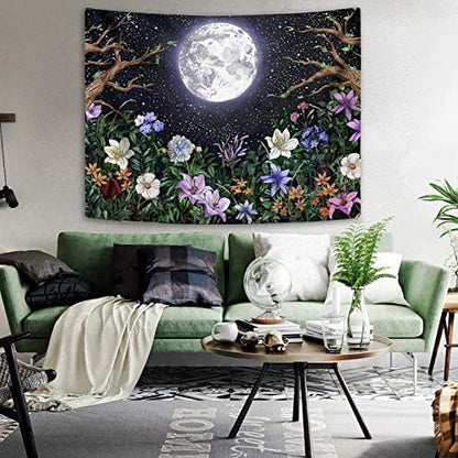 Neasow Aesthetic Moon Garden Tapestry Wall Hanging, Night Landscape with Colorful Plants Floral Tapestries for Bedroom Home Decor Multi Color 60×80 inch (150cm×200cm)