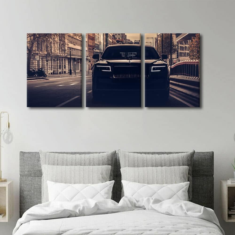 TUMOVO Canvas Prints Vintage Wall Art Modern Home Decor Black Sports Car Poster Living Room Men Boys Bedroom Decoration 3 Pieces Famous Car Retro Artwork Painting Framed Ready to Hang, 36" Wx16 H