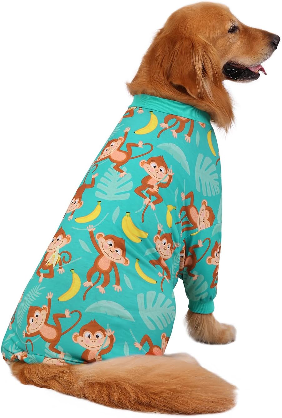 HDE Dog Pajamas One Piece Jammies Jumpsuit Pet Clothes Outfit Stretchy Lightweight Comfy Shirt Pjs for M-3XL Dogs Monkeying Around - 2XL