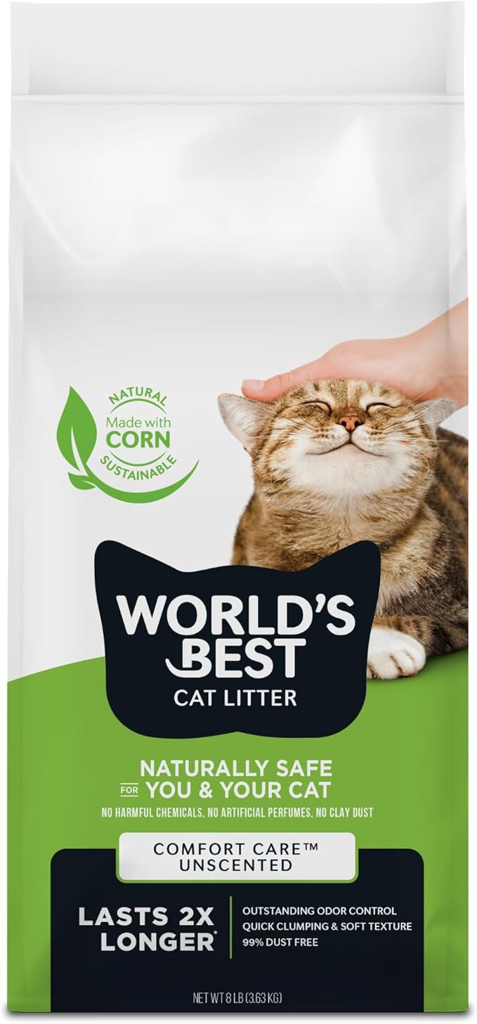 WORLD'S BEST CAT LITTER Comfort Care Unscented, 8-Pounds - Natural Ingredients, Quick Clumping, Flushable, 99% Dust Free & Made in USA - Long-Lasting Odor Control & Easy Scooping