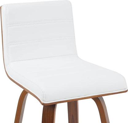 Vienna Modern Swivel Bar Height Stool with Snow White Faux Leather Seat and Walnut Finished Wood Frame Set of 3