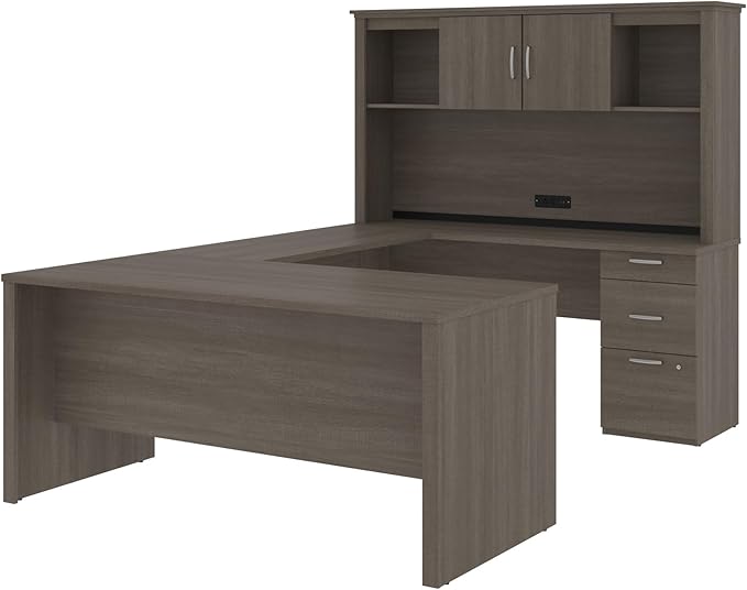 Bestar Logan 66W U or L-Shaped Executive Office Desk with Pedestal and Hutch in Bark Grey, Table Workstation for Personal Home Workspace