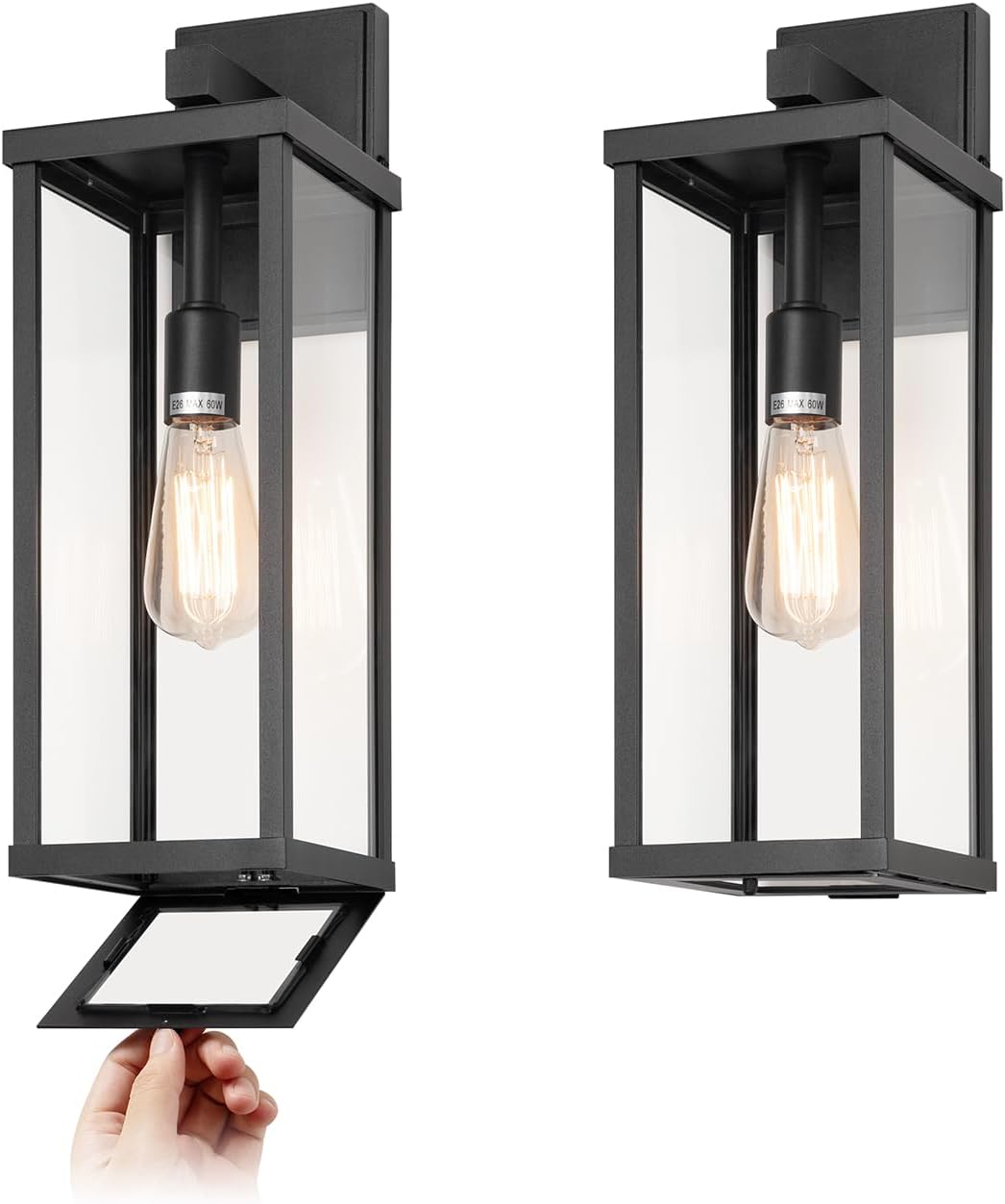 mirrea 18" Classic Outdoor Wall Sconce 1 Light in Matte Black Rectangular Metal Frame and Clear Glass Shade Waterproof Porch Light Patio Light Pack of 2