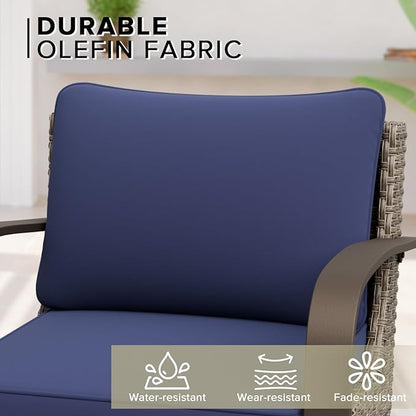 COOS BAY Aurora Terrace Half-Moon Outdoor Furniture Set, Rattan Conversation Set with Swivel Rockers, Curved 5-Seat Sofa, Coffee Table, Seats 7, Beige/Blue
