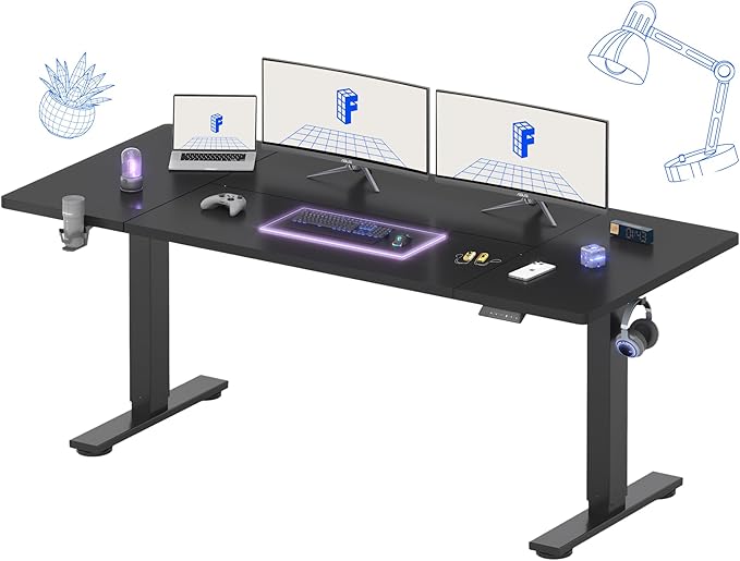 FLEXISPOT 71 x 32 Inch Large Standing Desk, Stand Up Desk with Splice Board, Rising Desks for Home Office, Office Desk with Headphone Hook (Black Frame + Black Top, 2 Packages)