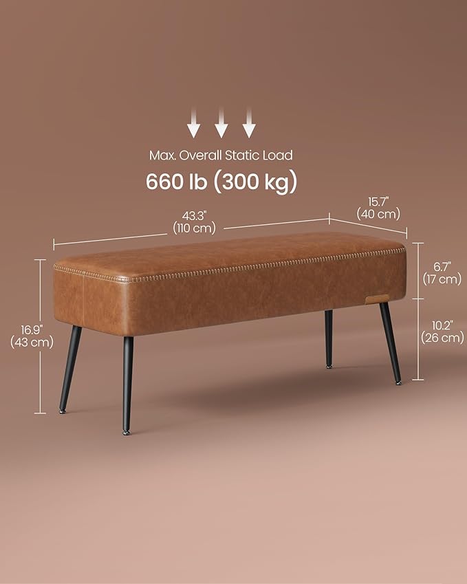 VASAGLE EKHO Collection - Bench for Entryway Bedroom, Synthetic Leather with Stitching, Ottoman Bench with Steel Legs, Living Dining Room, Mid-Century Modern, Loads 660 lb, Caramel Brown ULOM076K01