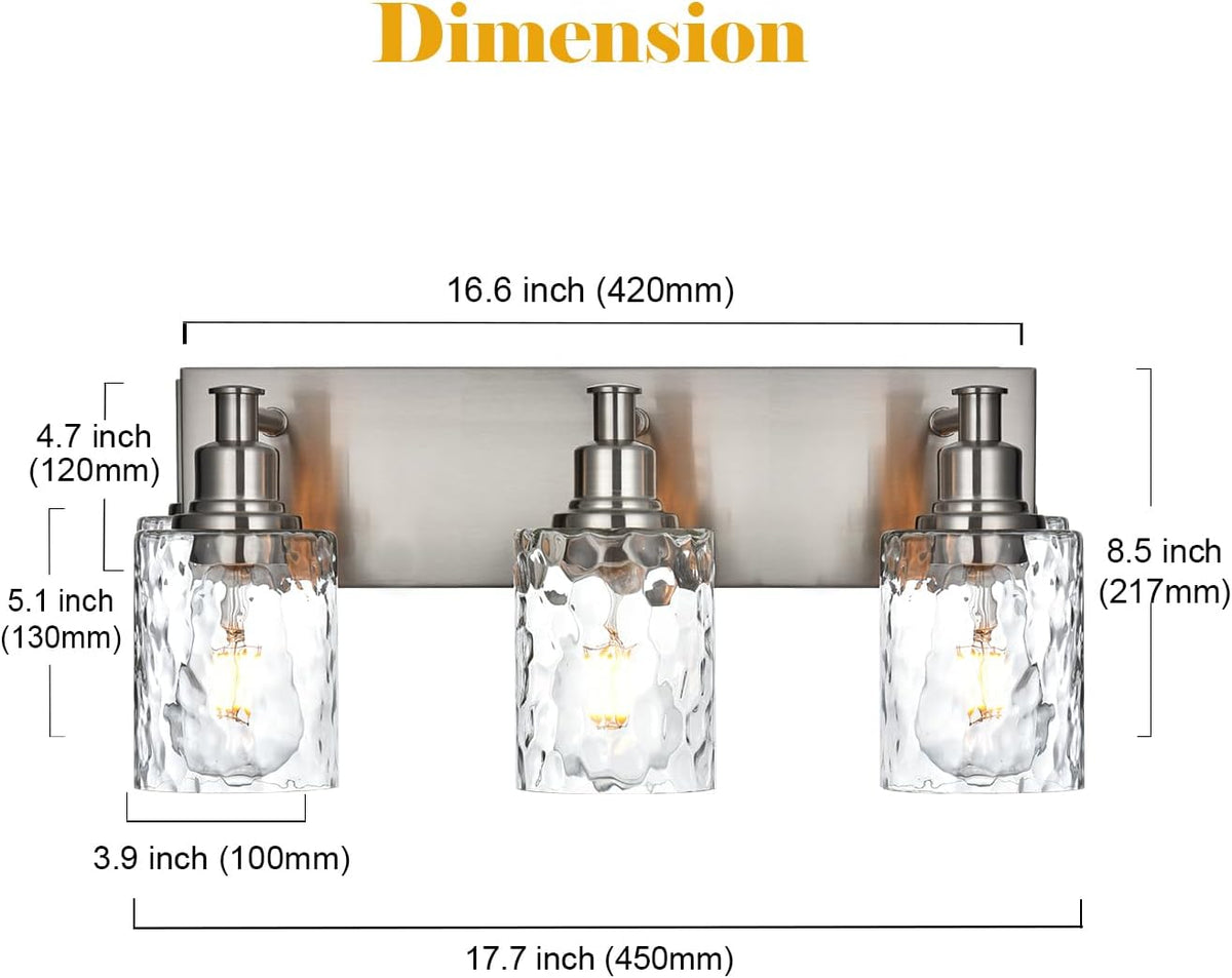 BONLICHT Bathroom Vanity Light Fixtures 3 Lights Modern Wall Sconce Brushed Nickel with Metal Base and Hammered Glass Shade, Industrial Farmhouse Bath Wall Lights for Hallway Kitchen Bedroom