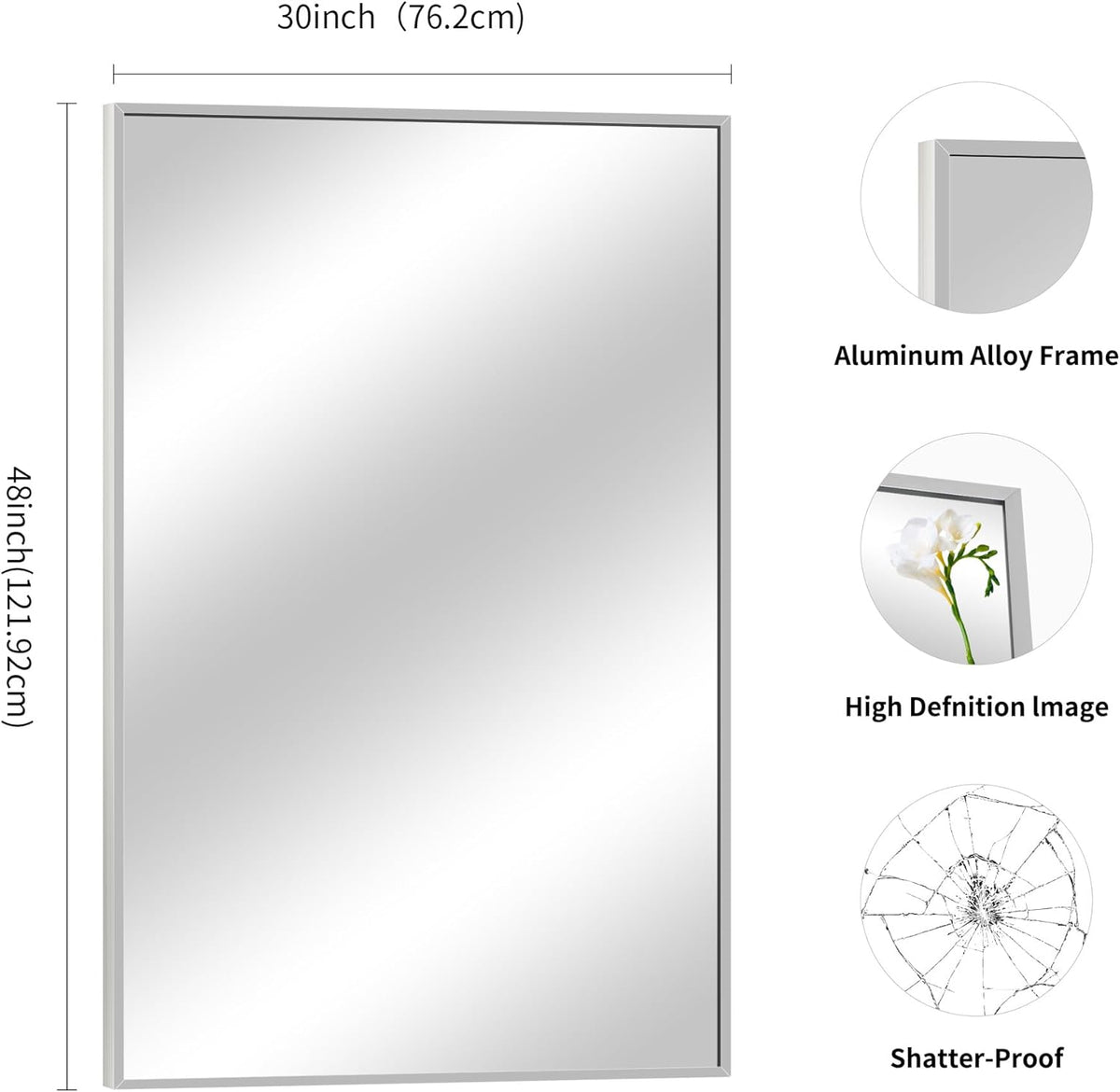 Silver Bathroom Mirror for Wall, 30x48 Inch Rectangle Mirrors with Metal Frame, Modern Vanity Wall Mirror Decor for Bathroom Living Room, Entryway Hangs Horizontal or Vertical