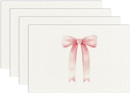 Pink Bow Placemats Set of 4, Table Mat for Home Kitchen, Restaurants, Outdoor Linen Washable Place Mats 12x18 inch Party Event Dining Decoration-05