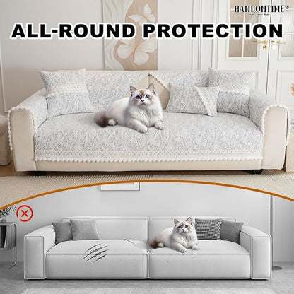 HANDONTIME Floral Chenille Couch Cover for Pets – Plush Fringed Edges, Washable & Non-Slip Sofa Protector, Pet-Friendly Dog Bed Cover for Couches and Sectionals (Light Grey,35.4" x 82.7")