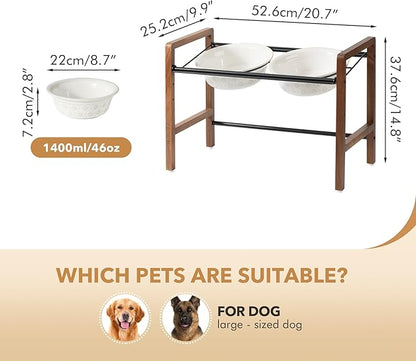 8.7inch Ceramic Adjustable Raised Double Bowls Set with Stand, 3 Heights Elevated, 2 Placement Options, Food and Water Dishes for Large Dog(Double Bowls+Stand, Reactived Glaze -White)