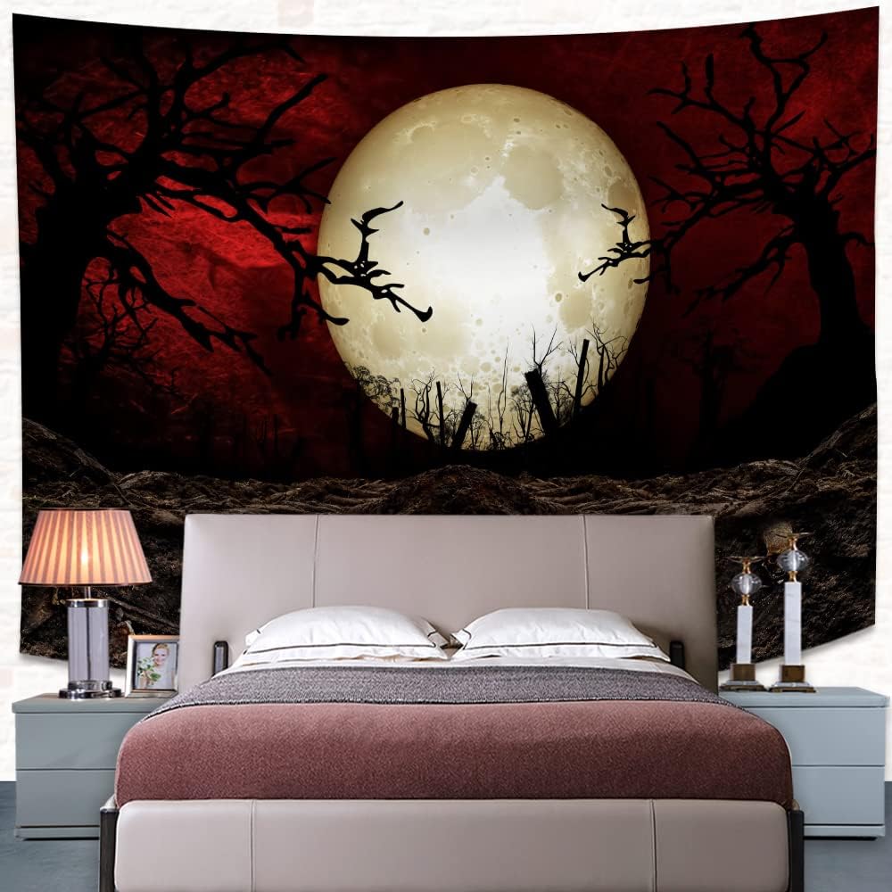 SHRAPHY Moon Tapestry 93x71 Inches Scary Halloween Cemetery Tapestry Night Sky Misty Forest Wall Hanging Tapestry for Bedroom GTLSUH1208