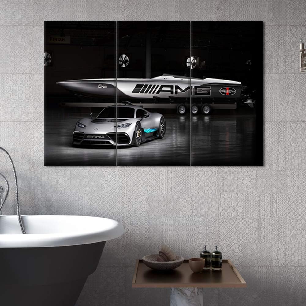 TUMOVO 3 Pieces Black and White Sport Car Canvas Giclee Print Painting Picture Wall Art Home Decor Gifts for Boy Room Ready to Hang - 12 x 24 inch x 3 Panels