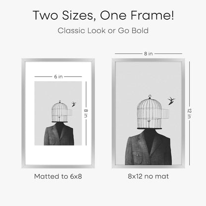Homeforia Silver 8x12 Picture Frame, High End Metal 8 x 12 Poster Frames with Mat 6 by 8 for Photo, 12x8 Frame Matted to 6x8 inch Art, 8by12 Wall or Tabletop Frames, Tempered Glass, Wall Kit, Set of 1