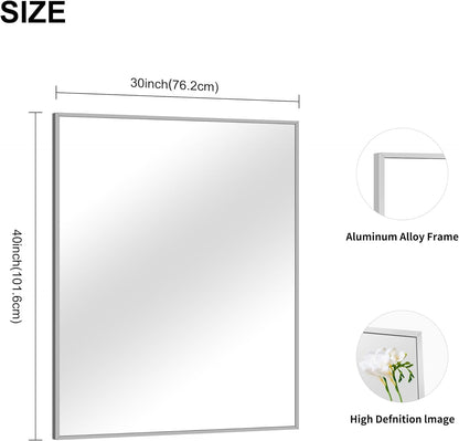 30x40In Silver Bathroom Mirror for Wall, Brushed Nickel Rectangle Mirrors with Metal Frame, Bathroom Rectangular Mirror Modern Wall Mirror for Bedroom Living Room, Hangs Horizontal or Vertical