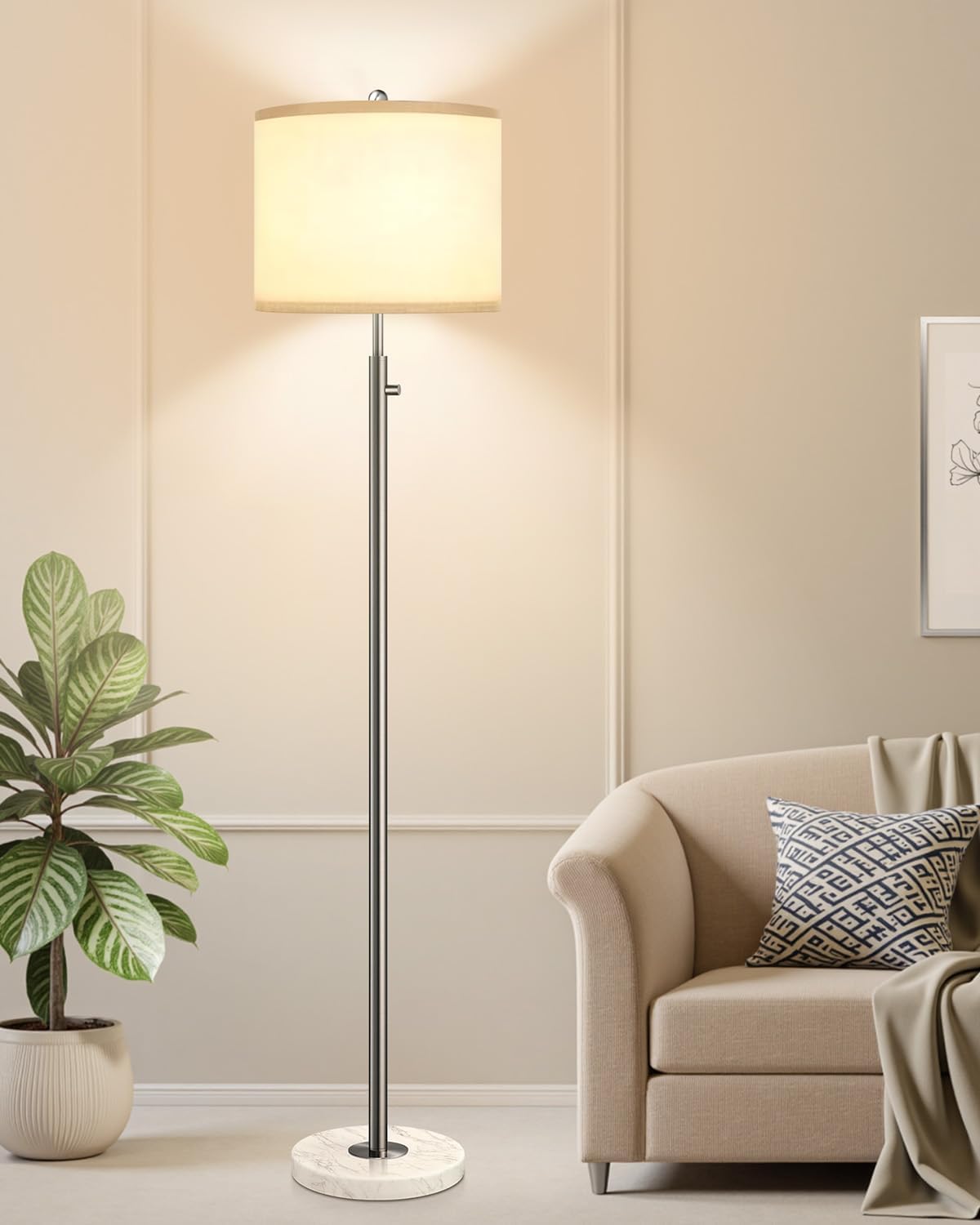 【Upgraded】 Dimmable Floor Lamp for Living Room, 11W LED Bulb Included, Modern Standing Lamp with Marble Base, Tall Pole Light with Linen Shade for Bedroom Reading Office Corner Nursery-Brushed Nickel