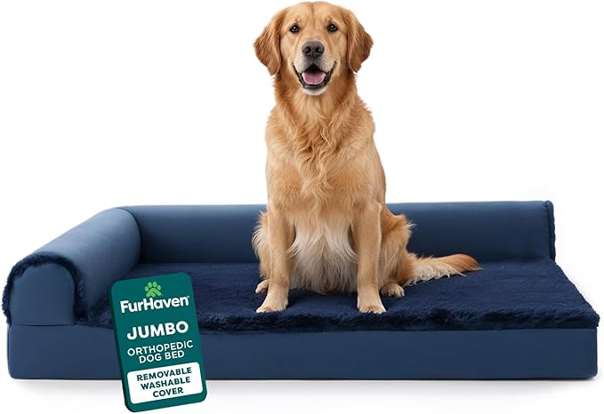 Furhaven Orthopedic Dog Bed for Large Dogs w/ Removable Bolsters & Washable Cover, For Dogs Up to 95 lbs - Plush & Velvet L Shaped Chaise - Deep Sapphire, Jumbo/XL