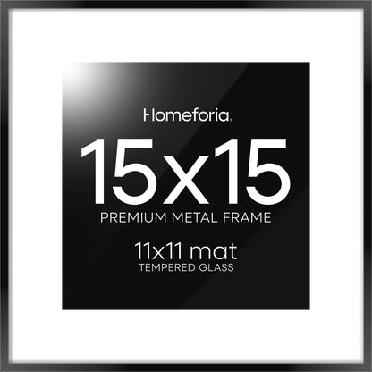 Homeforia 15x15 Picture Frame Black, High End Metal 15 x 15 Square Poster Frames with Mat 11 x 11 Photo, 15x15 Black Frame Matted to 11x11 Print, 15by15 Thin Frames, Tempered Glass, Wall Kit, Set of 1