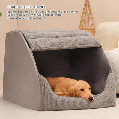 Extra Large Dog Bed House, Cozy Dog House Indoor, Memory Sponge, Plush Dog Cave Bed Crate Cushion with Non-Slip Bottom for Medium Large Dogs (Grey, L)