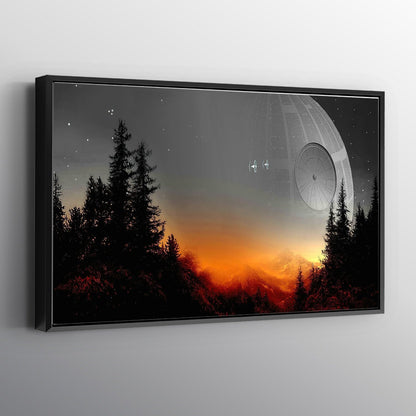 Death Star Inspired Canvas Print Wall Art | Futuristic Space Station Artwork | Smooth Surface Home Decor – Various Sizes (45in x 30in Modern Black Framed)