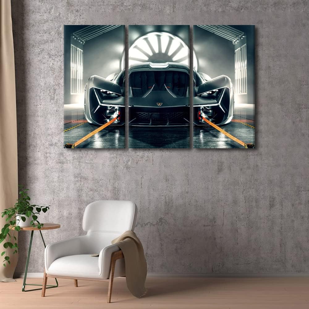 TUMOVO Sports Car Canvas Prints Hypercar Concept Cars Wall Art Paintings Cool Design Car Posters Stretched Pictures for Living Room 3 Panels Modern Home Decor Framed Wall Art Decorations, 42" Wx28 H