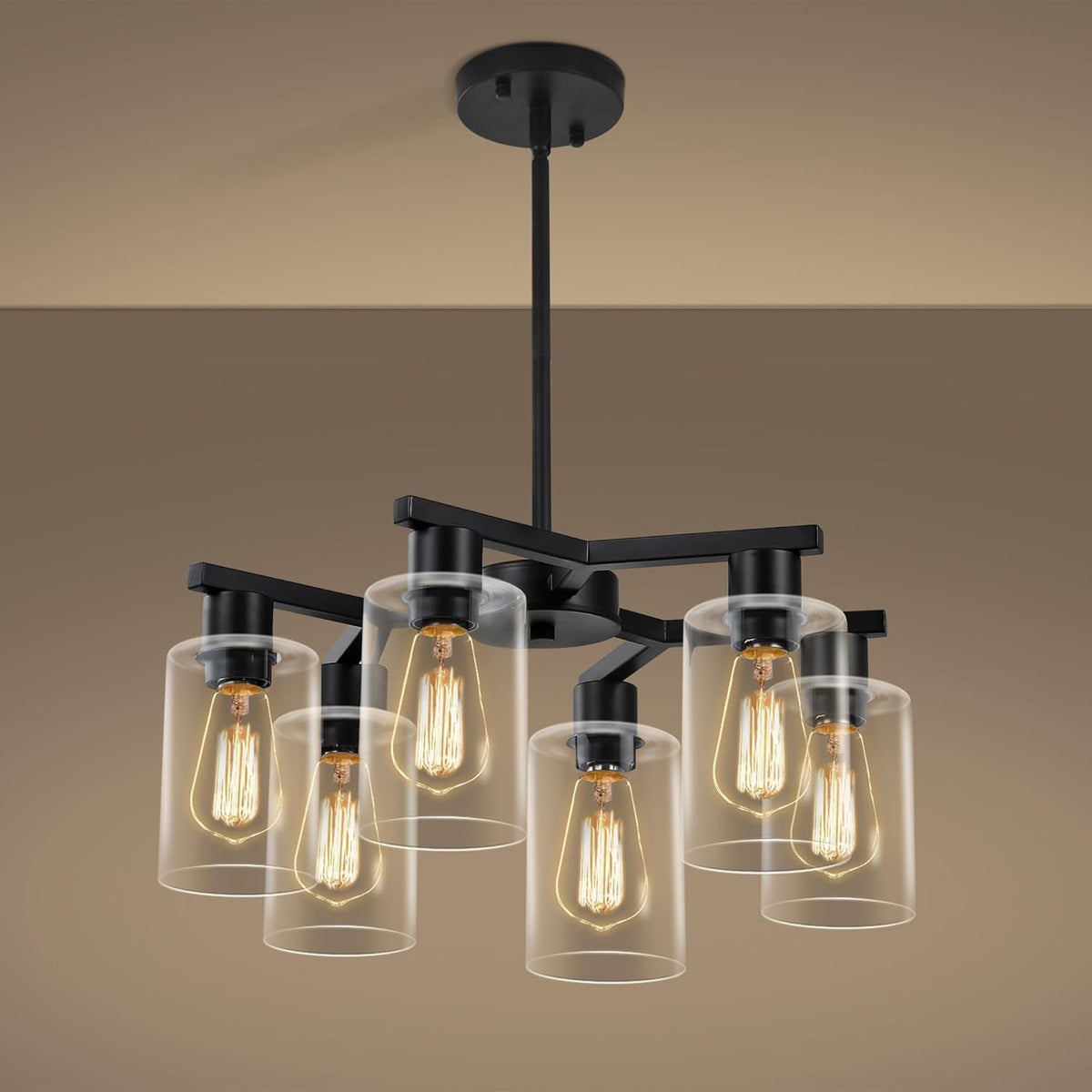 6-Light Modern Farmhouse Black Chandelier, Dining Room Light Fixture Over Table Adjustable Height Hanging Industrial Pendant Lights Kitchen Island, Clear Glass Shade