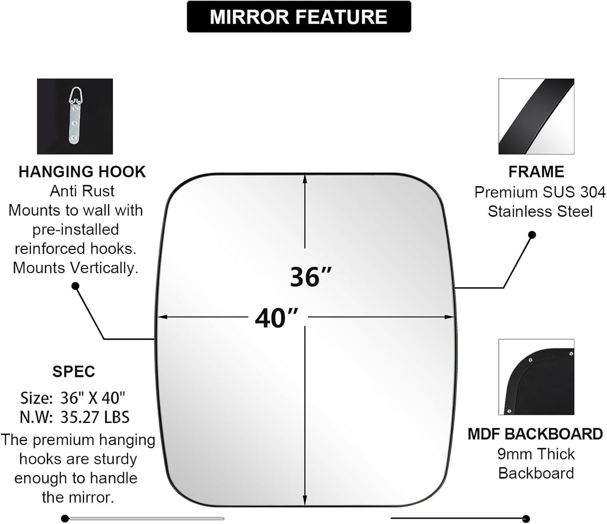 ANDY STAR Black Oblong Mirror, 36x40 Inch Black Oval Mirror for Bathroom with Stainless Steel Metal Frame, Wall Mouned for Bathroom, Living Room, Entryway