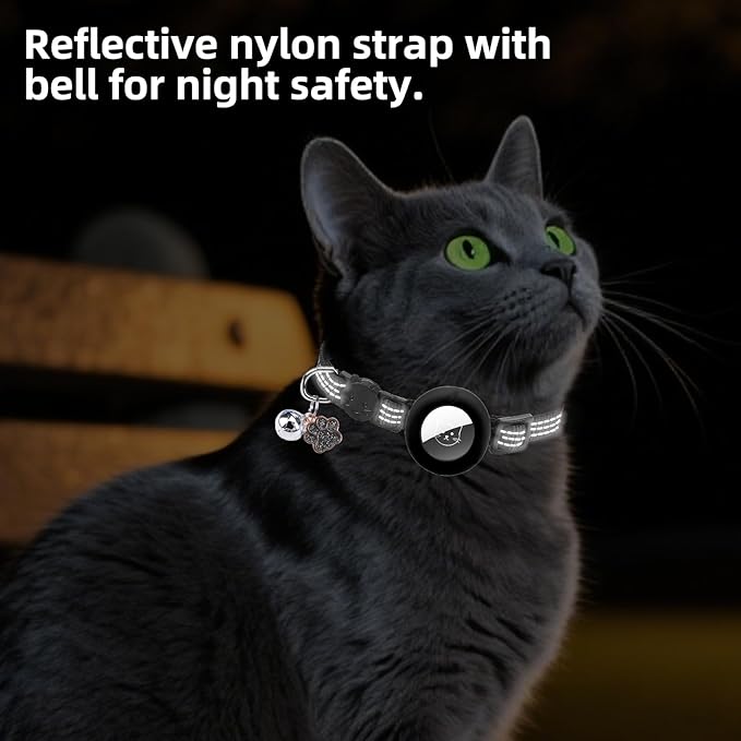 PUPTECK Airtag Cat Collar Breakaway 2 Pack with Bells, Reflective Kitten Collar with Air Tag Holder for Boy Girl Kitty and Puppies, Soft, Black