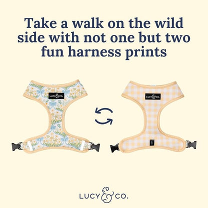 Lucy & Co. Reversible Dog Harness - Water-Repellent Neoprene, Dual-Print Design, Easy Swap Style, Adjustable Comfort Fit - Sunshine Daffodils Reversible Harness - Small