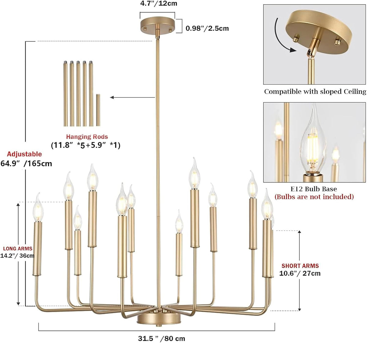 Modern Gold Farmhouse Chandeliers, 12-Light Industrial Metal Chandelier Lighting, Classic Candle Hanging Pendant Light Fixtures for Kitchen, Dining Room, Living Room, Entryway