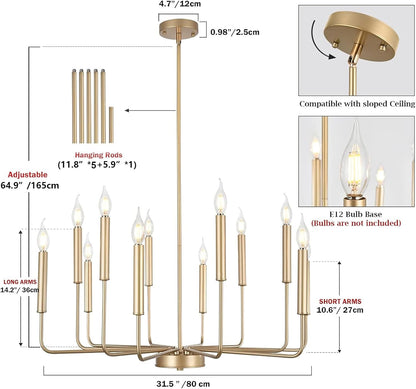Modern Gold Farmhouse Chandeliers, 12-Light Industrial Metal Chandelier Lighting, Classic Candle Hanging Pendant Light Fixtures for Kitchen, Dining Room, Living Room, Entryway