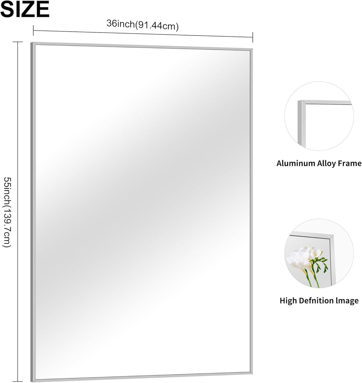 36x55inch Bathroom Mirror, Silver Rectangle Mirror with Thin Metal Frame, Large Rectangular Wall Mirrors for Bathroom, Living Room, Hair Salon, Big Mirror Hang Horizontal/Vertical