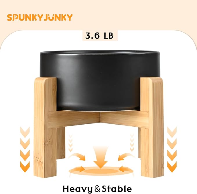 SPUNKYJUNKY Ceramic Elevated Dog Bowls 2 Pack - 8.3inch Raised Dog Bowls with Non-Slip Wooden Stand for Large Dogs Dishwasher Safe(Black,60OZ*2)