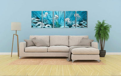Yihui Arts Blue Deep Sea Metal Wall Art, Large Jellyfish Metal Artwork in Modern Ocean Design, 3D Wall Art for Modern and Contemporary Decor, 5-Panels, Metal Wall Decor