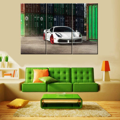 TUMOVO 3 Pieces Wall Art 488 White Sports Car in Warehouse Painting The Picture Print On Canvas Racing Car Pictures for Home Decor Decoration Gift Piece 40 x 20inch x 3 Panels