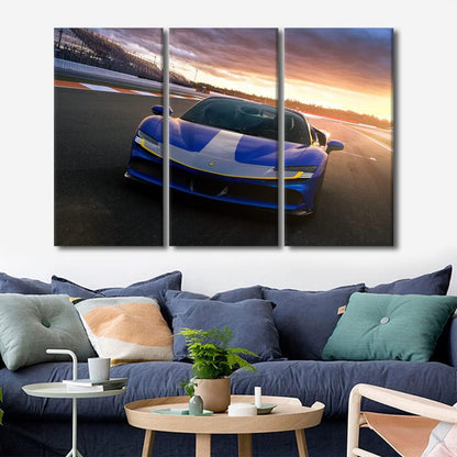 TUMOVO Sports Car at Sunset Canvas Paintings Blue Supercar on the Runway Bedroom Wall Art Contemporary Home Decor Bathroom Decor Wall Art Modern Artwork Ready to Hang for Living Room Office 60"Wx40"H