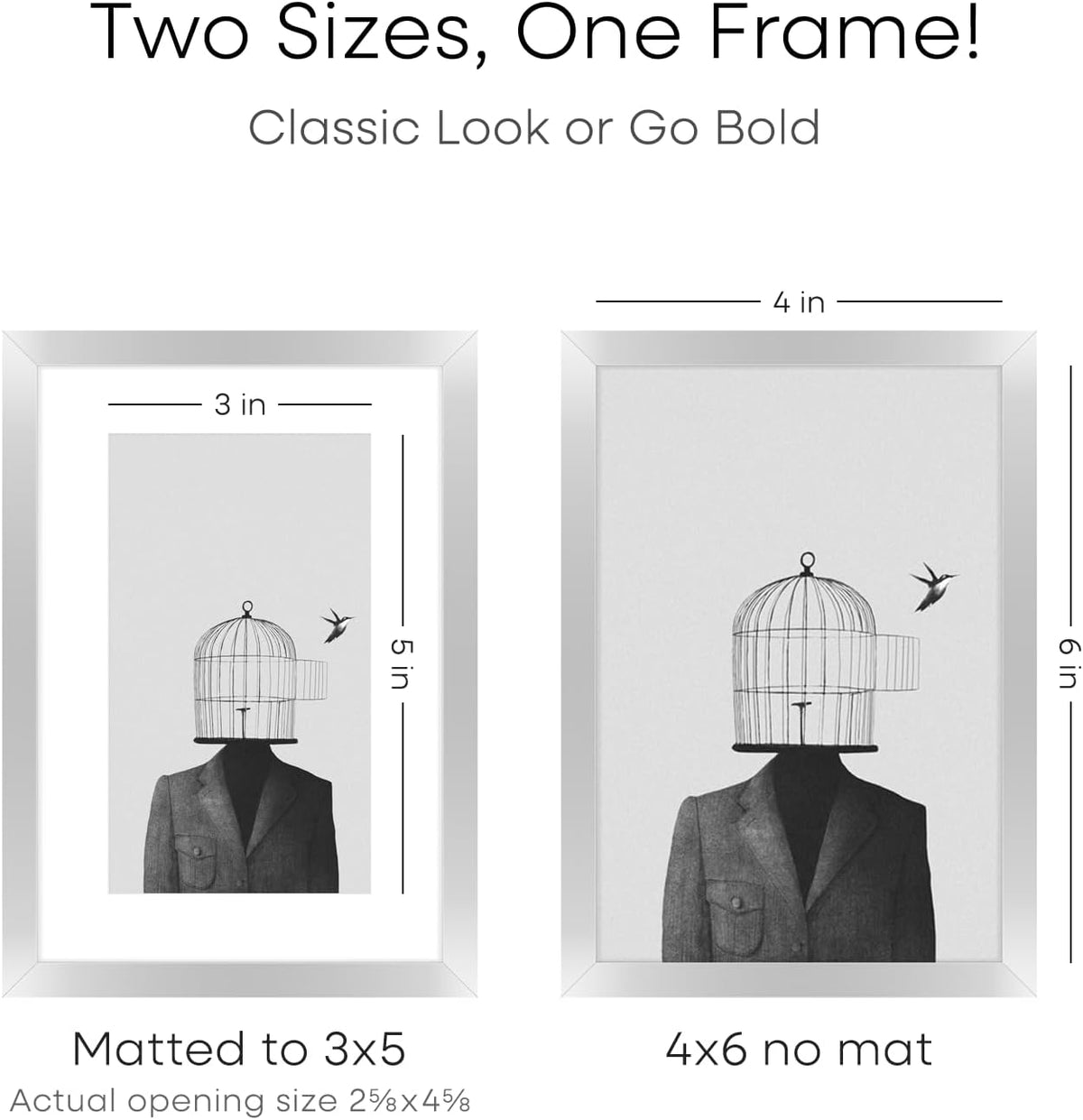 Homeforia 4x6 Picture Frame Silver, High End Metal 4 x 6 Silver Frames with Mat 3 x 5 Print, 4by6 Desk Frame Matted to 3x5 inch Photo, 4 by 6 Wall or Tabletop Frame, Tempered Glass, Wall Kit, Set of 1