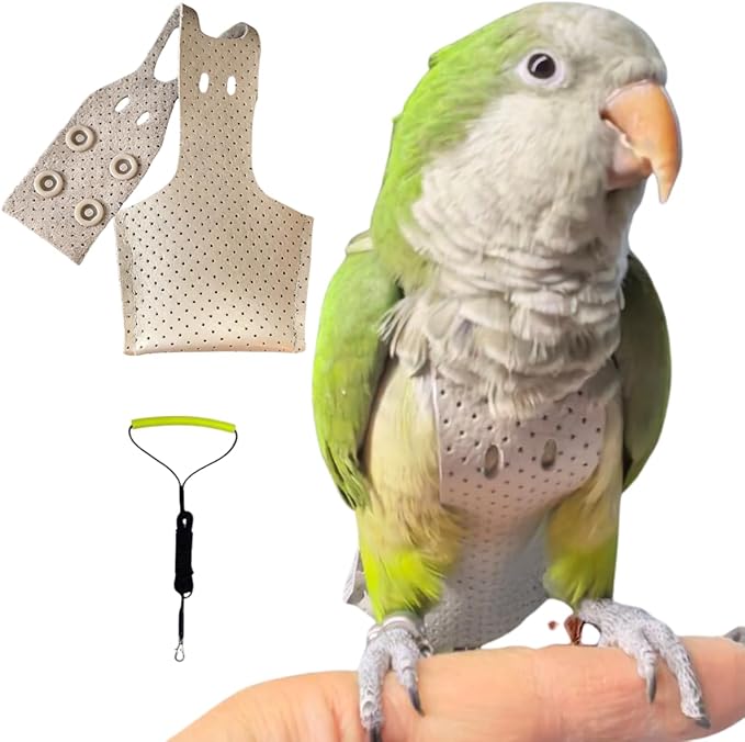 Premium Genuine Cowhide Bird Flight Harness Anti Bite Breathable Parrot Diaper Parrot Suit with Leash for Parakeet Conure Quaker Flying Clothes Rope and Handle (with Leash,Medium)