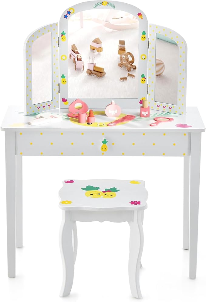 Costzon Kids Vanity, Girls Vanity Set with Tri-Folding Mirror, Stool, Storage Drawer, Princess Toddler Makeup Vanity Desk Dressing Table, Wooden Kids Vanity Table and Chair Set (Fruit Pattern)