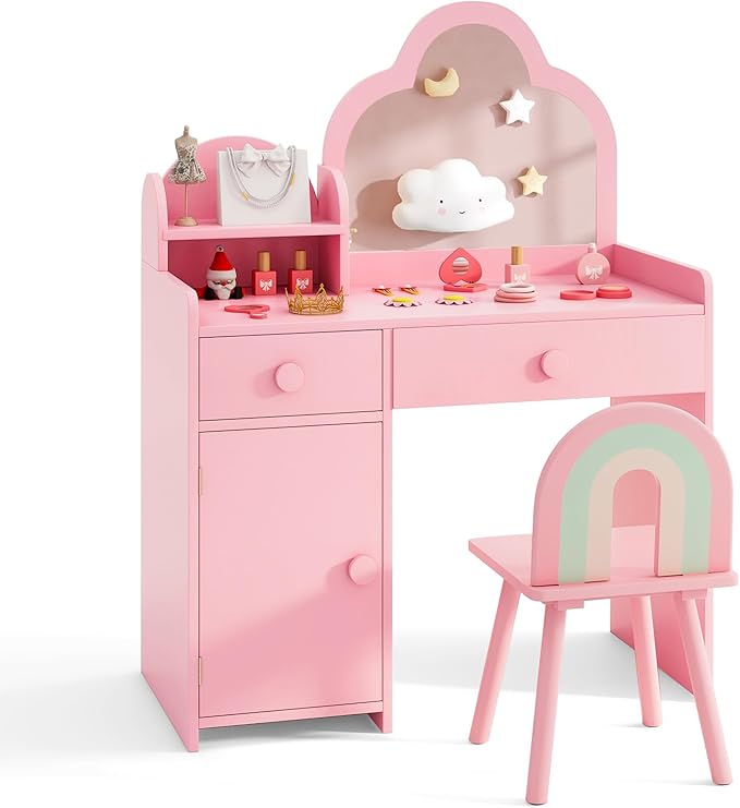 Costzon Kids Vanity, 2 in 1 Girls Vanity Set with Mirror, Drawers, Storage Shelf & Cabinet, Toddler Makeup Desk Dressing Table, Kids Vanity Table and Chair Set for Little Girls (Pink)