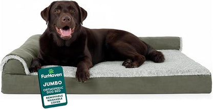 FurHaven Orthopedic Dog Bed for Large Dogs, L-Shaped Chaise Mattress with Orthopedic Egg Crate & Solid Orthopedic Foam Base for Joint Support, Washable Cover, Jumbo XL, Faux Fur & Suede, Dark Sage