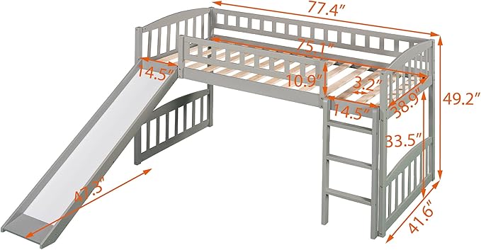 Twin Size Loft Bed with Slide and Ladder,Multifunctional Solid Wood Bed Frame,w/Safety Guardrail & 14 Support Slats,No Box Spring Needed,Easy to Install,for Kids,Teens,Girls,Boys,Grey