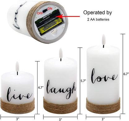 GenSwin Flameless LED Candles with Hemp Rope & Remote Timer, Real Wax Battery Operated Pillar Candles Live Laugh Love, Realistic 3D Wick Flickering Gift (D3 x H4.7 5.7" 6.7", Pack of 3)